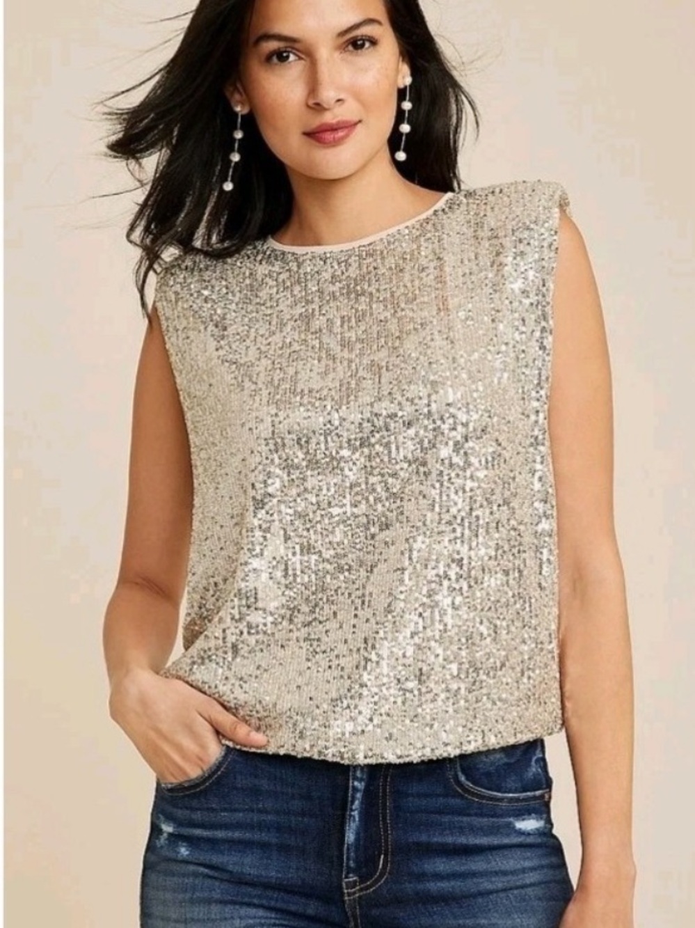 Maurices Champagne Silver Metallic Sequin Sleeveless Tank Statement Blouse XXL